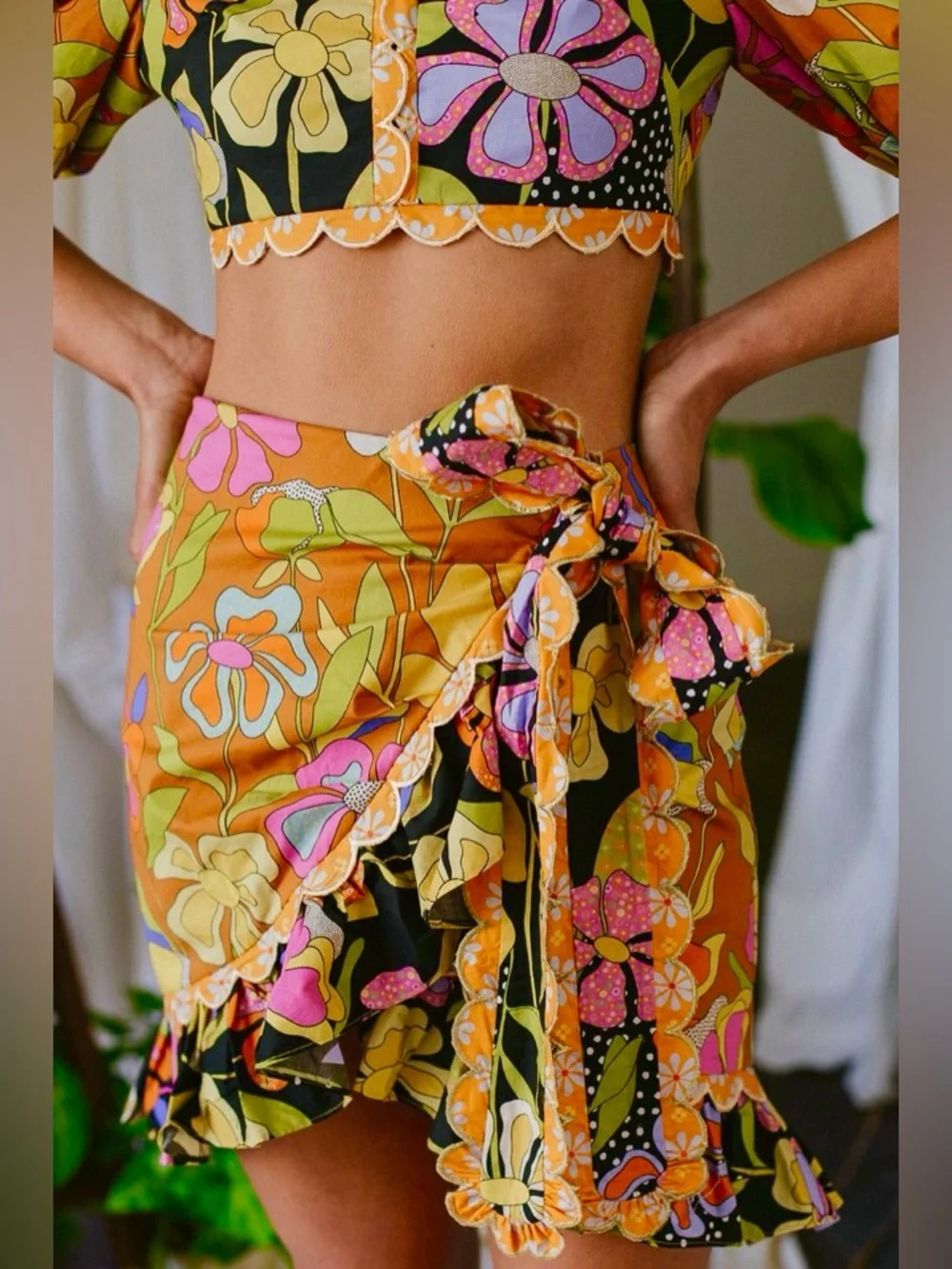 Floral Tie-Waist Mini Skirt - Orange Multi
